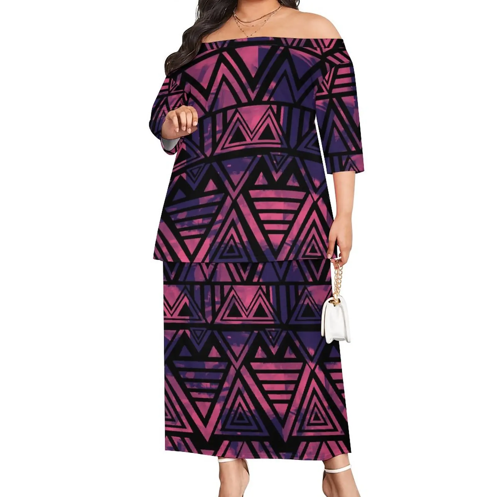 Red Samoa Puletasi Retro Style Women off Shoulder Tops Match Tribal Design Print   Dress Casual Plus Size Puletasi Set