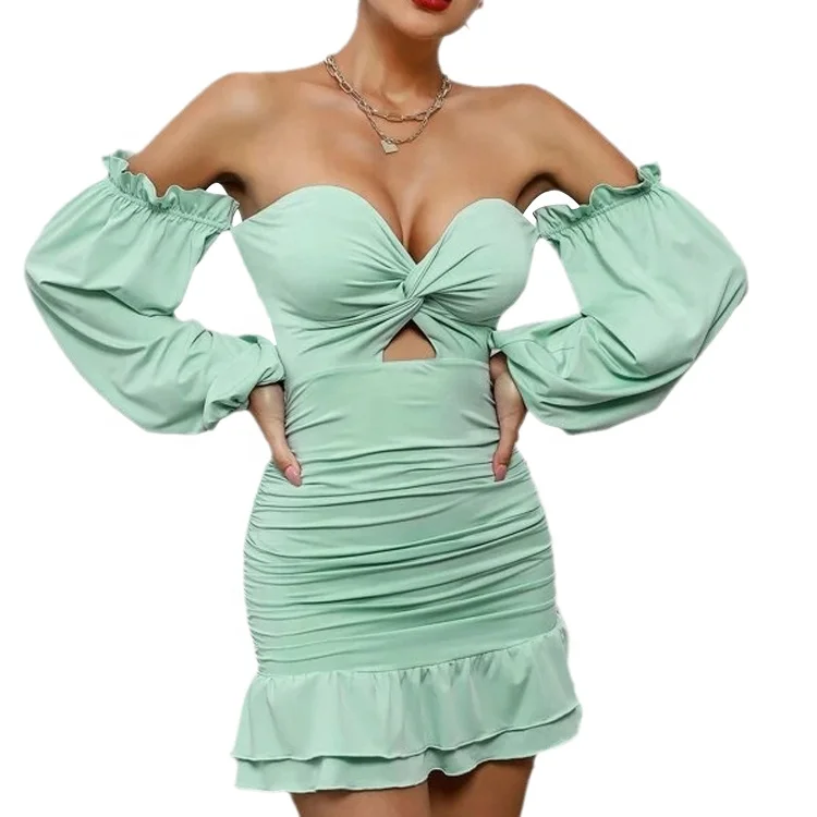 custom 2022 lady elegant casual summer fashion luxury women sexy wholesale Off Shoulder Bishop Sleeve Cut Out Ruched mini Dress