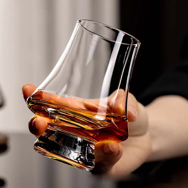 Wholesale Handmade Unique Stemmed Tulip Vertical Striped Lead-free Crystal Shot Whiskey Brandy Tasting Glass