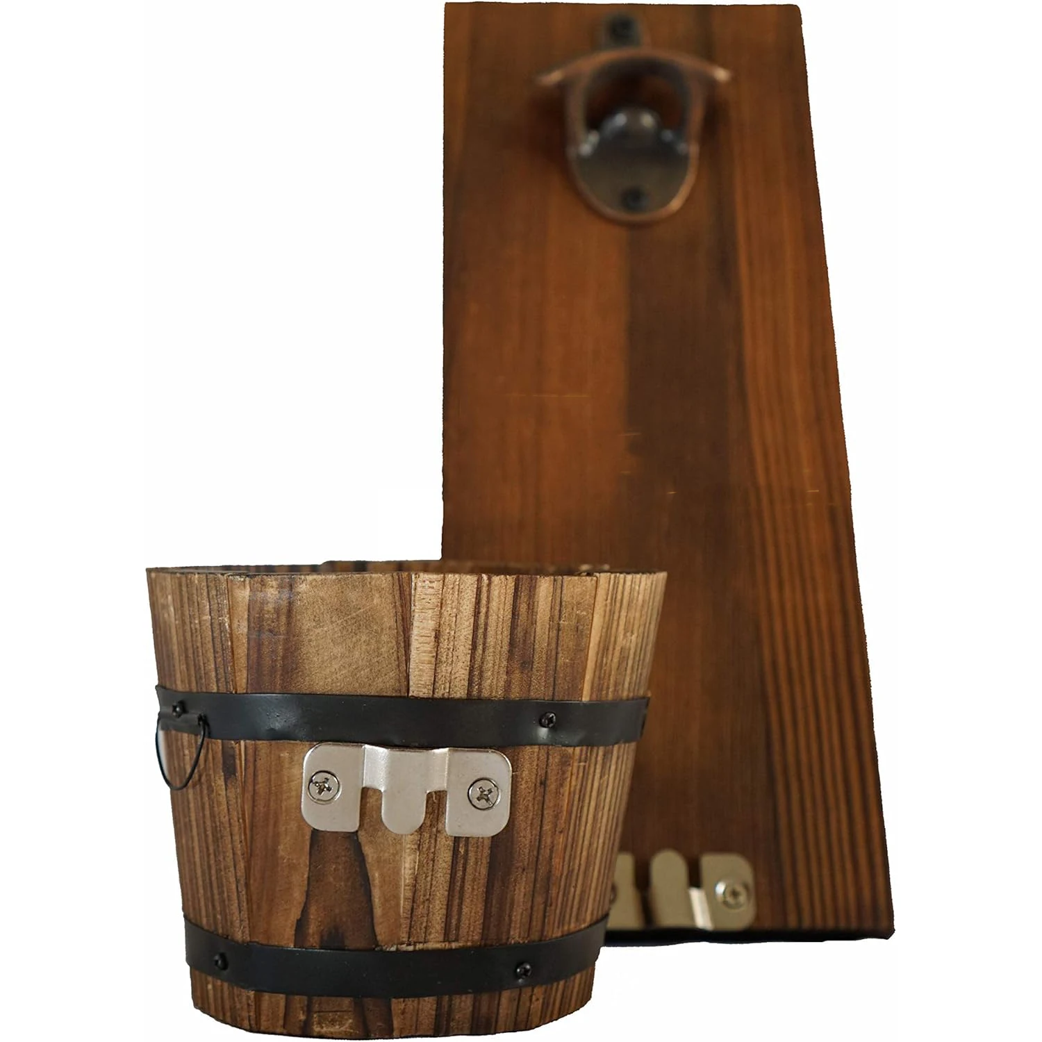 Rustic Dark Stain Pine Wood Wall Mounted Bottle Opener and Catcher with Zinc Alloy Removable Wooden Bucket for Beer