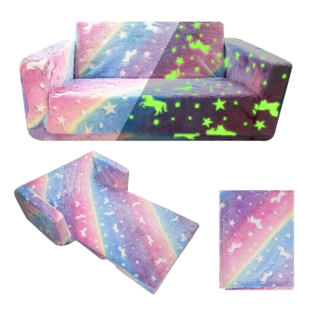 Modern 2-Seater Kids twins Sofa bed with Glow in the Dark Blanket Toddlers Foldable Play Couch for Living Room and Dining
