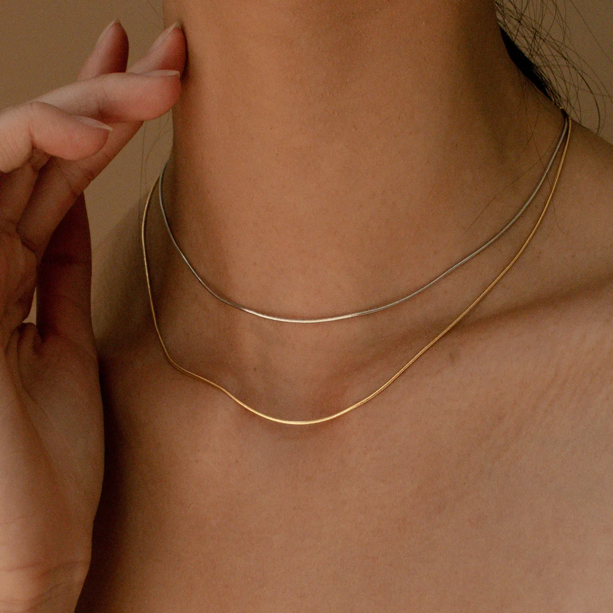 Chunky Ins Disc 18K Gold Plated Herringbone Chain Necklace Waterproof Stainless Steel Snake Bone Chain Necklace