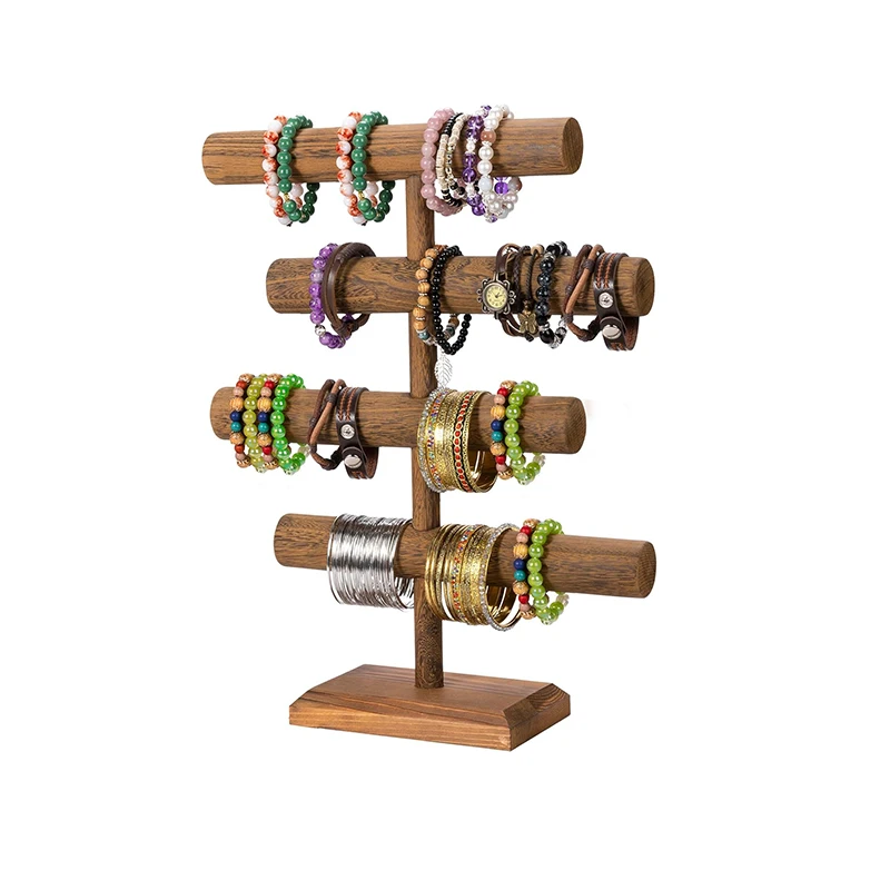 Brown Stained Wooden with Gold Tone Aluminum Rods Necklace Bracelet Jewelry Display Stand
