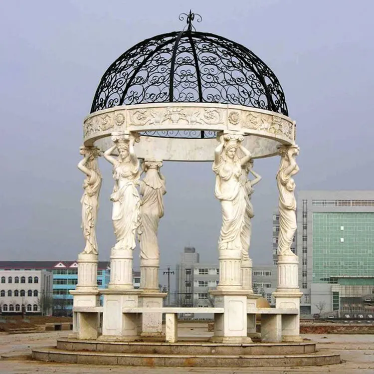 100% Hand Carved Greek Style Outdoor Marble Gazebo Pavilions With Lady Columns For Garden