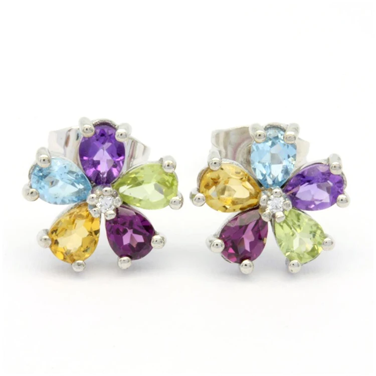 18K 14K 9K White Gold Luxury Flower diamond colorful earrings  jewelry set gift For lady