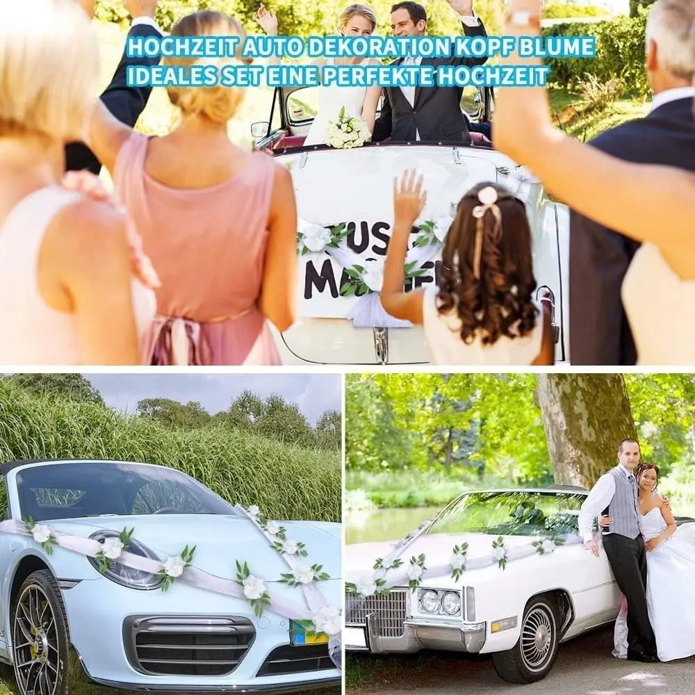 Wedding Car Decoration Artificial White Rose Flower Ribbon Classic Luxury Romantic Floral Garland for Wedding Party Decoration