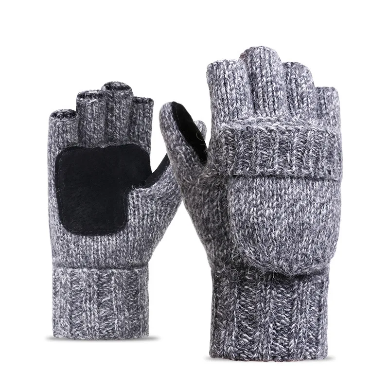 Custom Winter Women Man Thick Wool Fingerless Open Half Finger Gloves Warm Flip Outdoor Leather Knitting Knit Soft Mittens for Woman