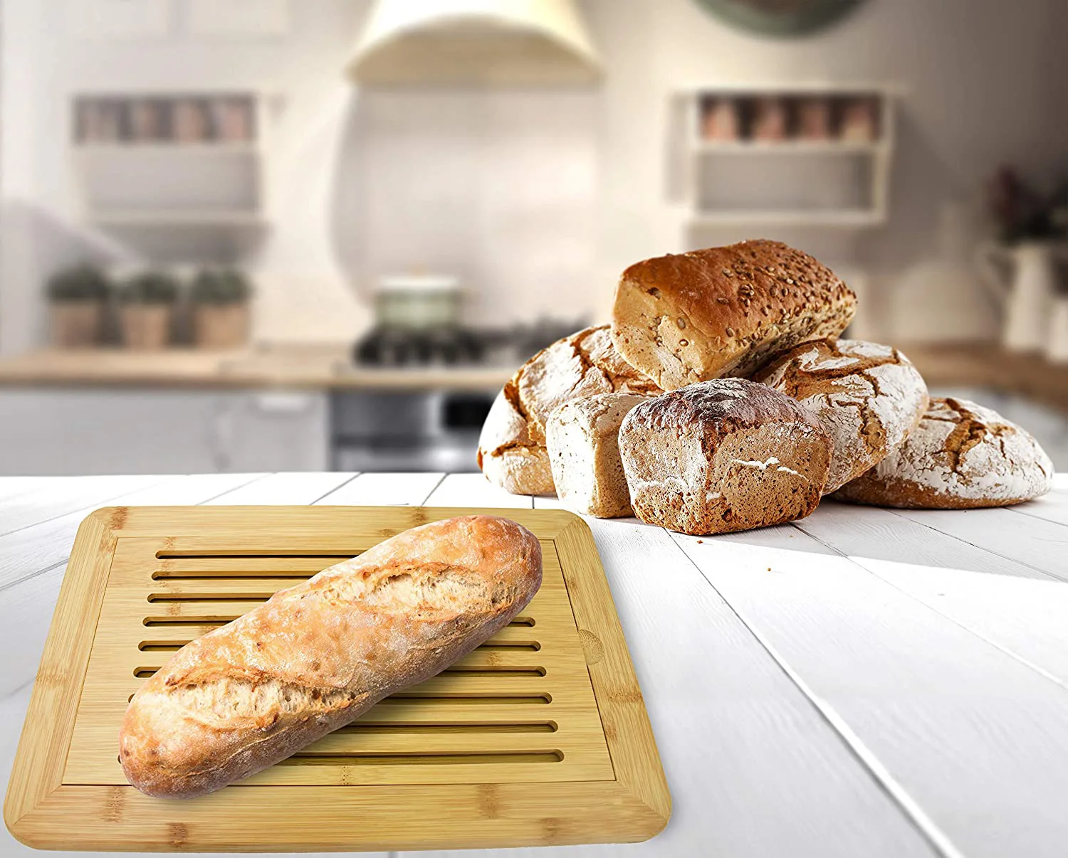 Organic Bamboo Slotted Bread Cutting Board with Removable Crumb Catcher