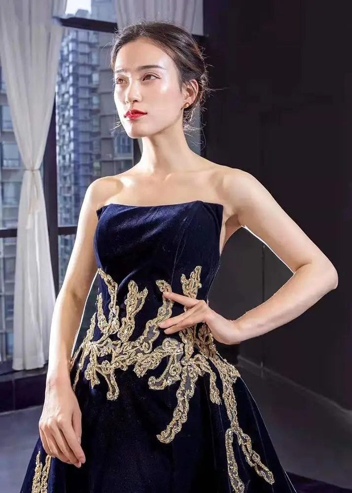 Real luxury high quality gold applique with belt empire waist hot selling evening dresses