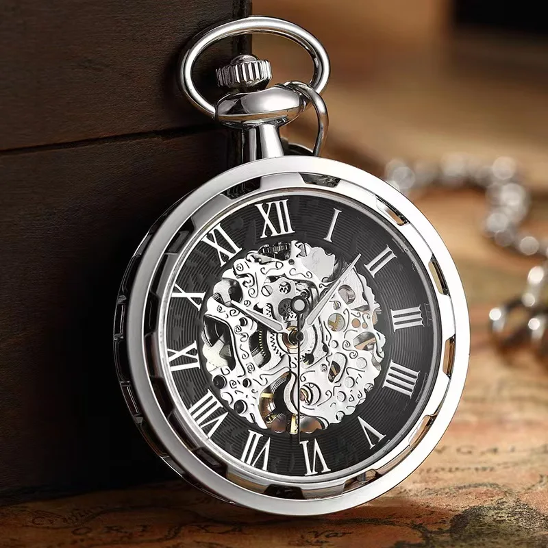 Vintage Watch Necklace Steampunk Skeleton Mechanical Fob Pocket Watch Clock Pendant Hand-winding Men