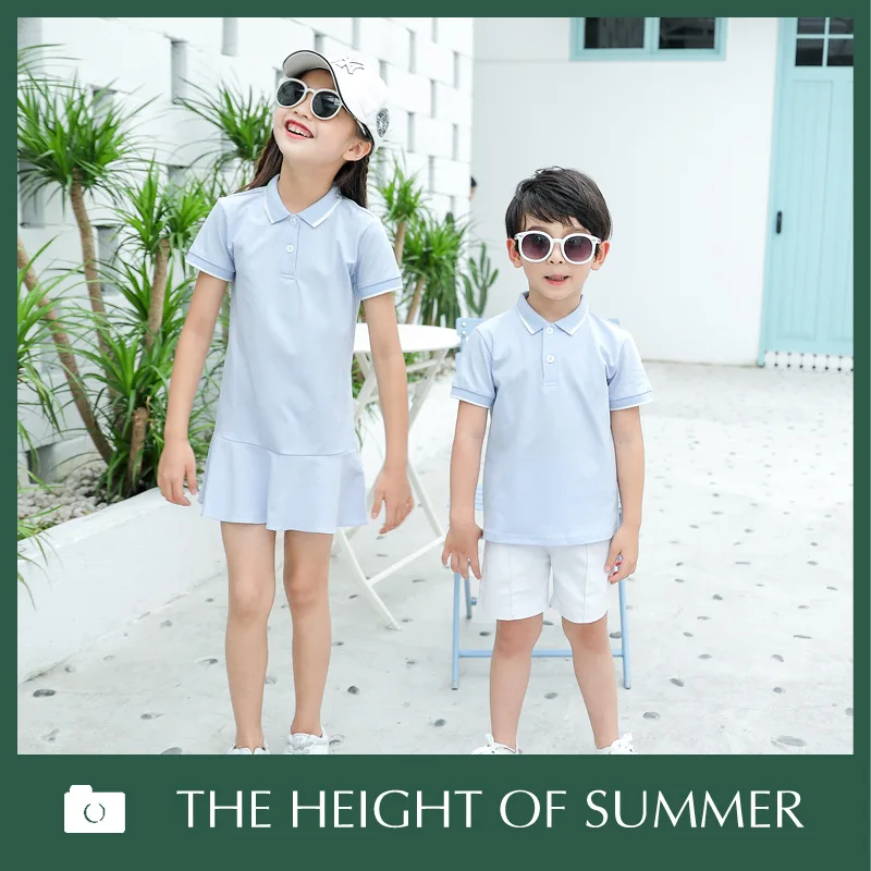 
2019 Summer New Design Solid Color Polo T-shirt Women Dress Family Matching Clothing Set 