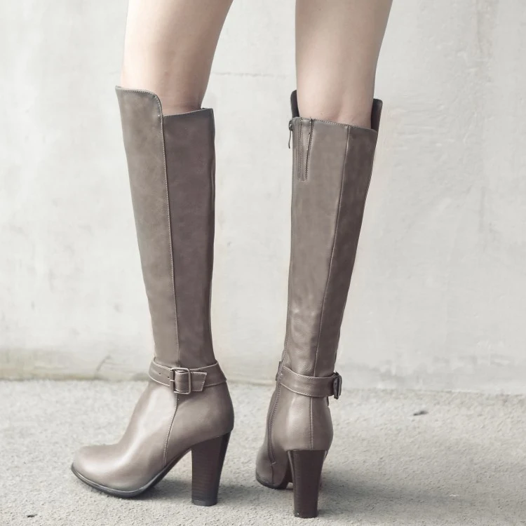 Solid Ankle Buckle Pointed Toe Side Zip Women Knee High Boots Chunky Heel PU Upper High Booties Large Size 43 Boots