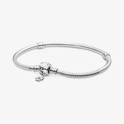 White Enamel Daisy Flower Barrel Clasp With Yellow Crystals and CZ Dangling Flower S925 Sterling Silver Snake Chain Bracelet