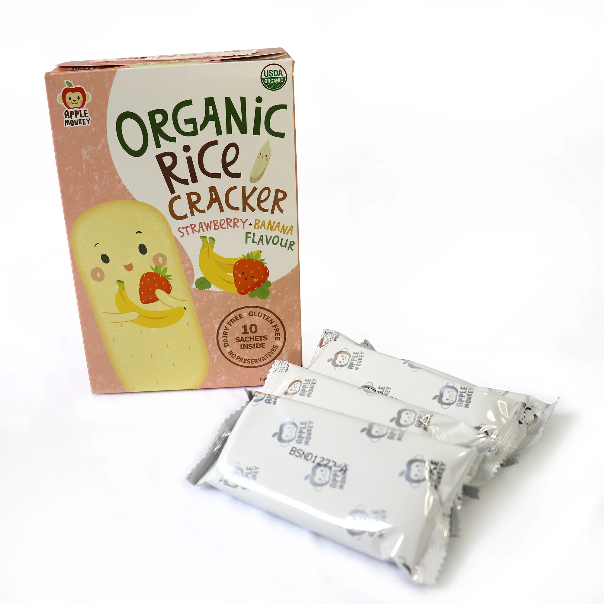 New Arrive Malaysia Premium Quality Baby Food Gluten Free Rice Cracker Strawberry & Banana for Baby Grain Snacks