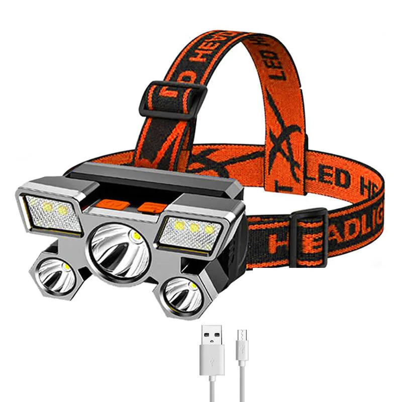 Usb перезаряжаемая Встроенная батарея 5 светодиодных сильных фар супер яркий Налобный фонарик уличный рыболовный