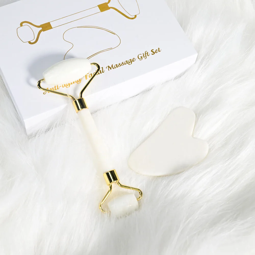 Custom logo Beauty Anti Aging gua sha stone Double head white jade roller facial and guasha stein manufacturer