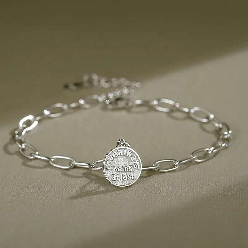 YINSAKI 925 Silver 18K Gold Plated Message Coin Charms Engraved Bracelet Customized Personality Letter Bracelet