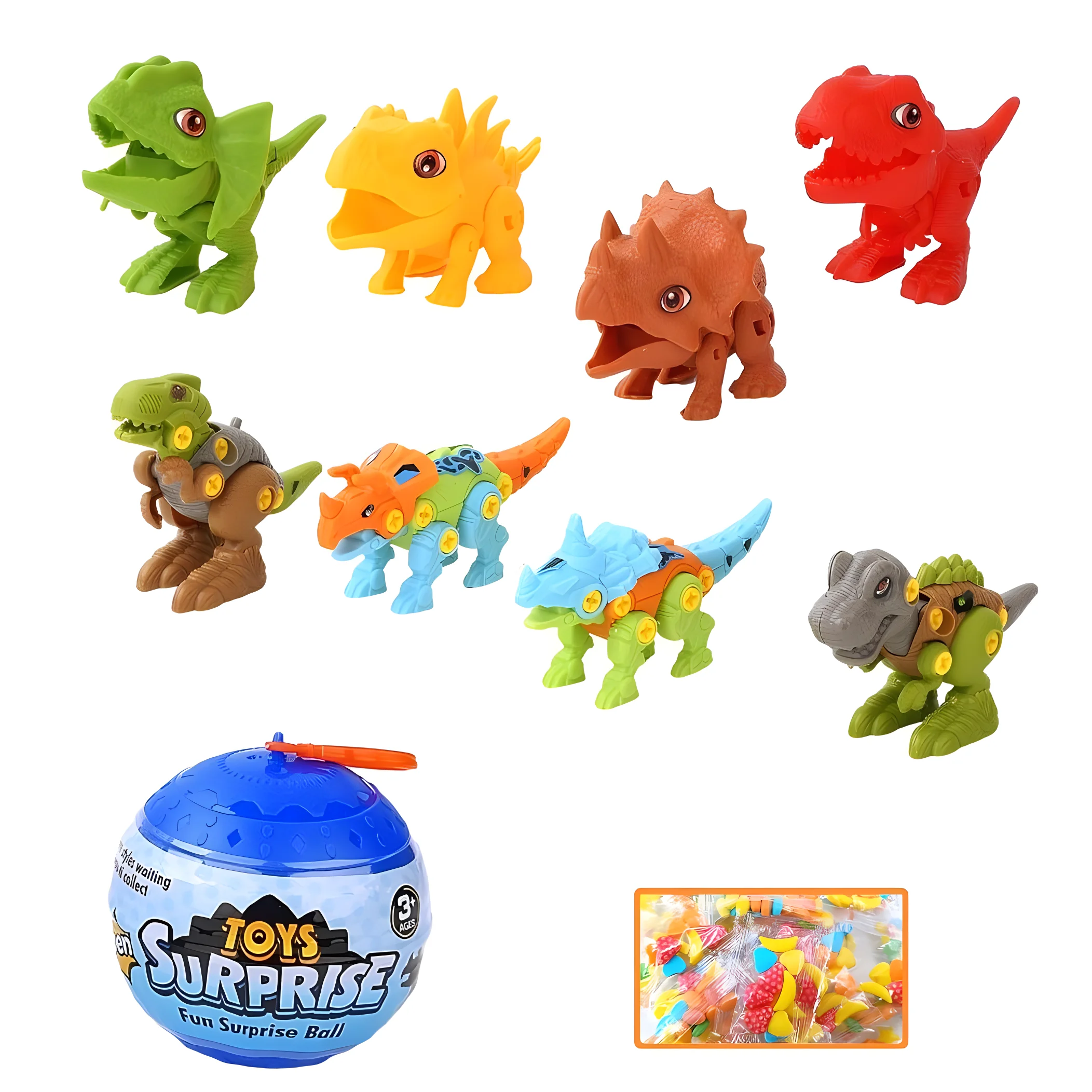 DIY educational assembling dinosaurs  plastic round shape blind box toys surprise egg toy with building block