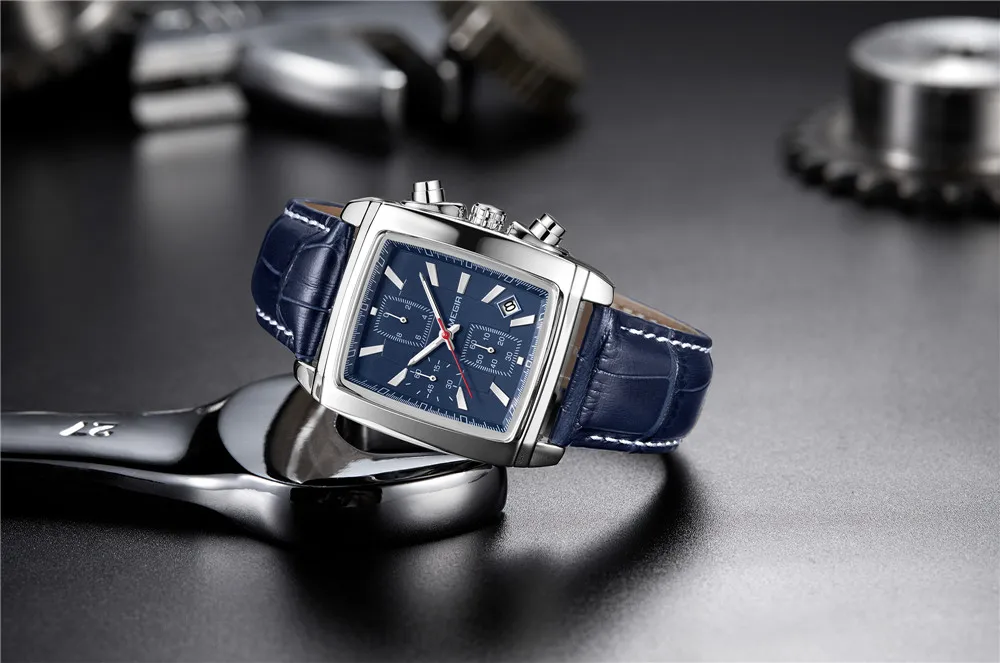 MEGIR 2028 Fashion Rectangle Luxury  Chronograph Rose gold Square Quartz Watches for Men