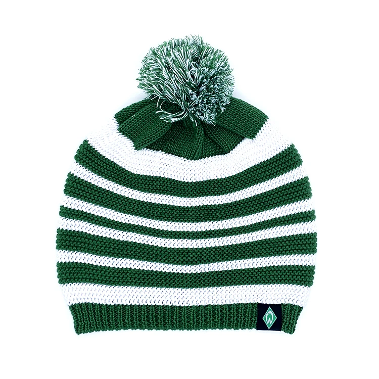 Изготовление на заказ, 100% перерабатываемый полиэстер, зеленый, белый цвет, полосатый теплый вязаный головной убор с помпоном