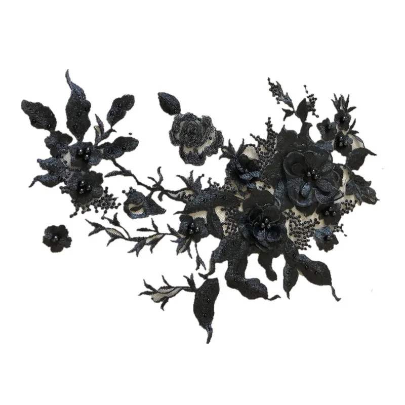 3D Flowers Beaded Lace Fabric Embroidered Wedding Appliques