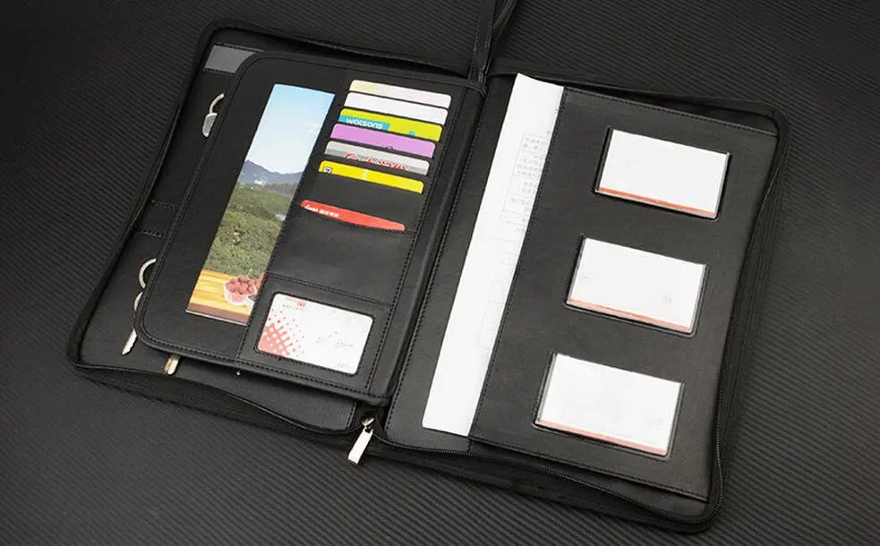 A4 MultiFunctional Key Rings China Leather Document Folder Portfolio Folder with Zipper