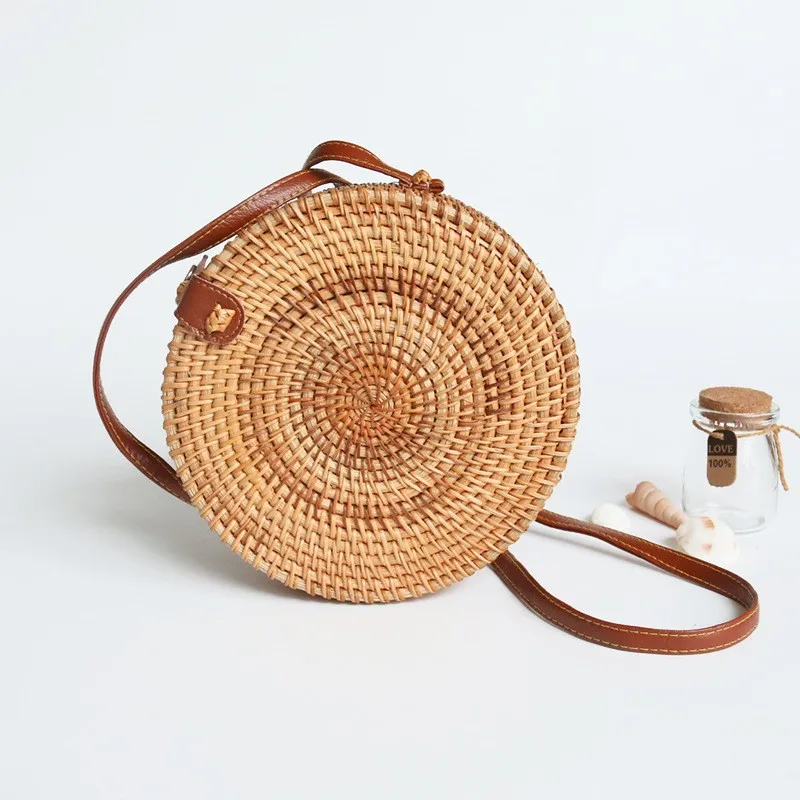 Handwoven Round Rattan Bag Shoulder Leather Straps Natural Crossbody Summer Beach straw bag