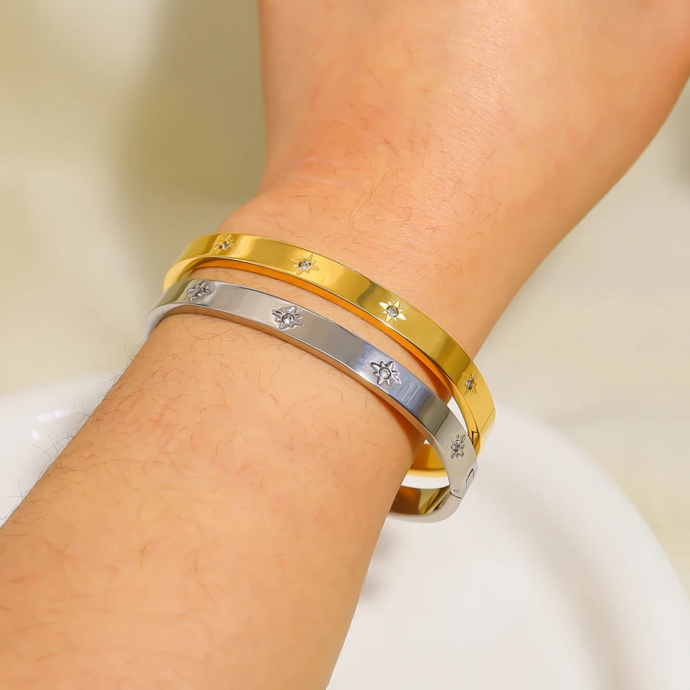 Classic Titanium Cuff Bangles  White Cubic Zircon Eight Star Flower Bracelet Tarnish Free Waterproof Women Jewelry Accessories