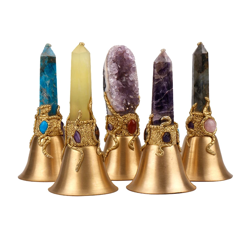 Vintage Magic Trick Sprit Gift Energy Clearing Natural Crystal Point Amethyst Rose Quartz Brass Fengshui Hand Bell Handbell