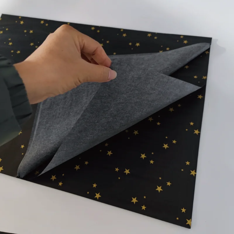 17gsm Black Tissue Paper with Gold Logo 50*70cm Wax Coated Virgin Wood Pulp Moisture-Proof for Gift Clothes Packing Wrapping