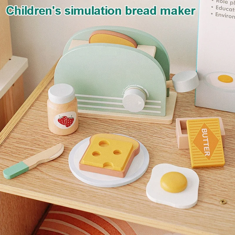 Kids role play bread machine toy pretend play wooden kitchen food bread maker game set wood pop up toaster toy with accessories
