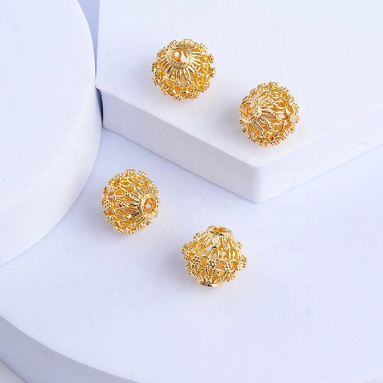 Large Hole 18K Gold Plated Copper Round Lantern Hollow Loose Spacer Beads for Jewelry Making Findings DIY Crafts Accessories