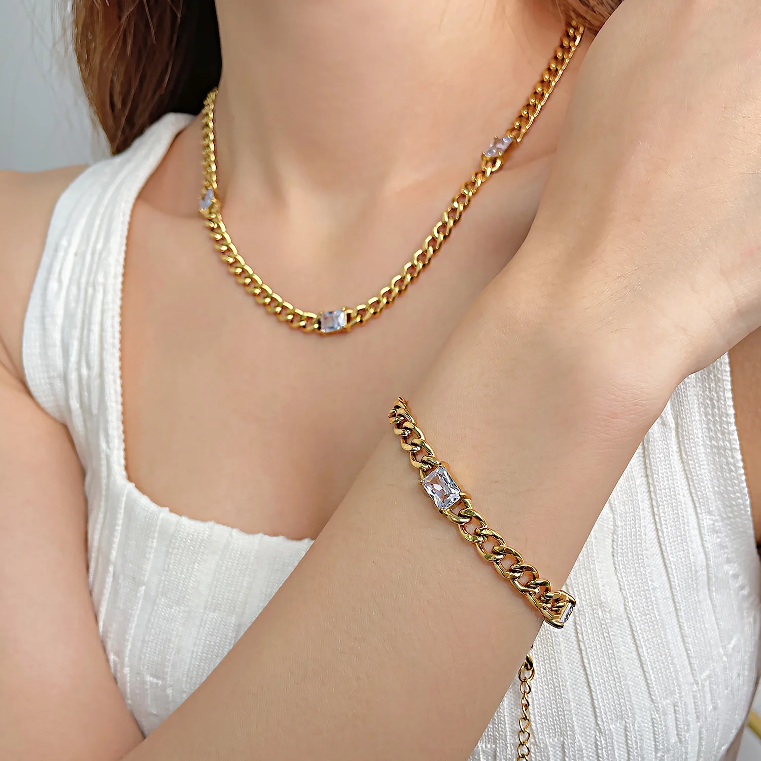 Fashionable Zircons Stainless Steel Chunky Necklaces Fashion Gold Plated Jewelry Waterproof And Tarnish Free Rope Chain Necklace