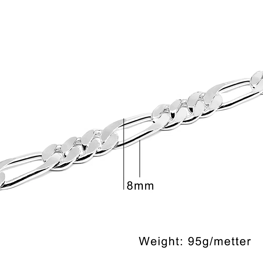Wholesale trade; Bestseller; 925 Silver Men's Chain Male 8mm and Figaro Braided Chain Sterling Silver Hip Hop Semi-finish Chain