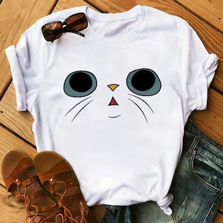 Cute Cartoon Cat Print T shirt Women Spring Summer Short Sleeve Round Neck T-shirt Woman Casual Slim Fit T shirts Women