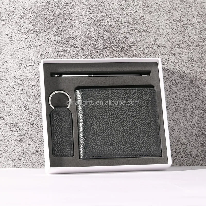 High Quality exquisite 3pcs Real Leather Card Wallet pen Keychain Birthday Celebration VIP Box Gift Sets Luxury For Men
