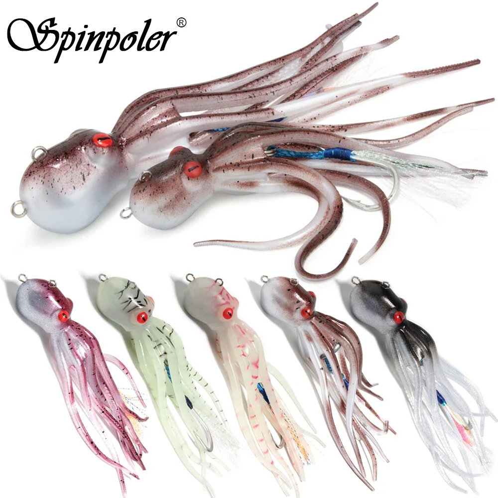 Spinpoler 110g 150g 200g TPR Octopu Fishing Lure Silicone Squid Big Game Artificial Soft Bait Metal Jig Tail Assist Hook Tackle