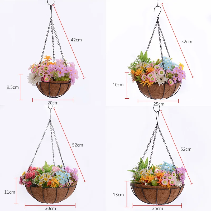 Round Wire Hanging Plant Basket with Coco Coin for Outdoor Decorative