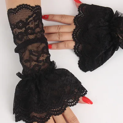 Черно-белый абрикосовый пудра двухслойные кружевные манжеты украшение длинный кружевной большой стрейч свитер Женский рукав