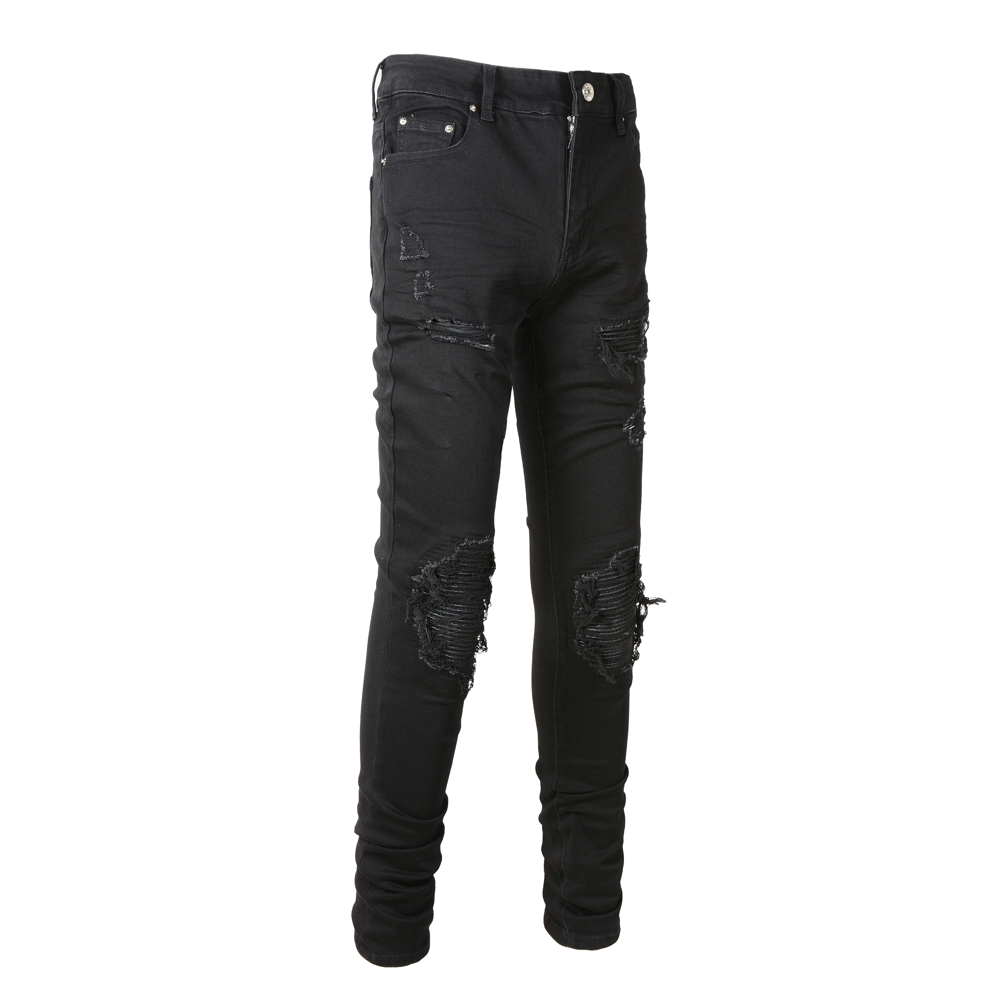 Rts For Dropshipping 8520 Skinny Slim Fit Wrinkled Scratched Relaxed Denim Black Destroyed Skinny Jeans Patch Men Jeans