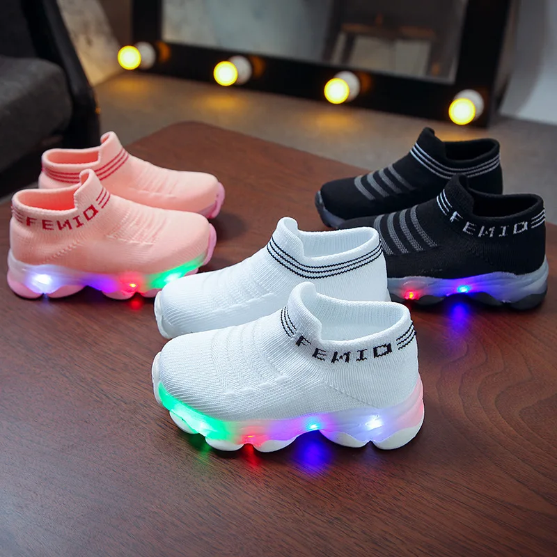 Kids Sneakers Children Baby Girls Boys Letter Mesh Socks Sport Run Sneakers shoe Waterproof Fiber Optic Glowing baby Shoes