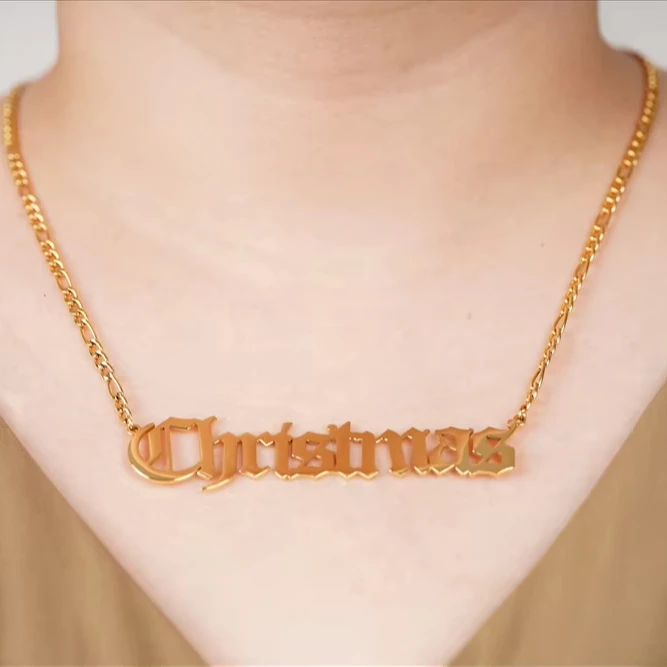 AIZL Personalised Courage Energy Jewelry Custom Name Pendant Christmas Figaro Chain 18K Gold Plated Stainless Steel Necklace