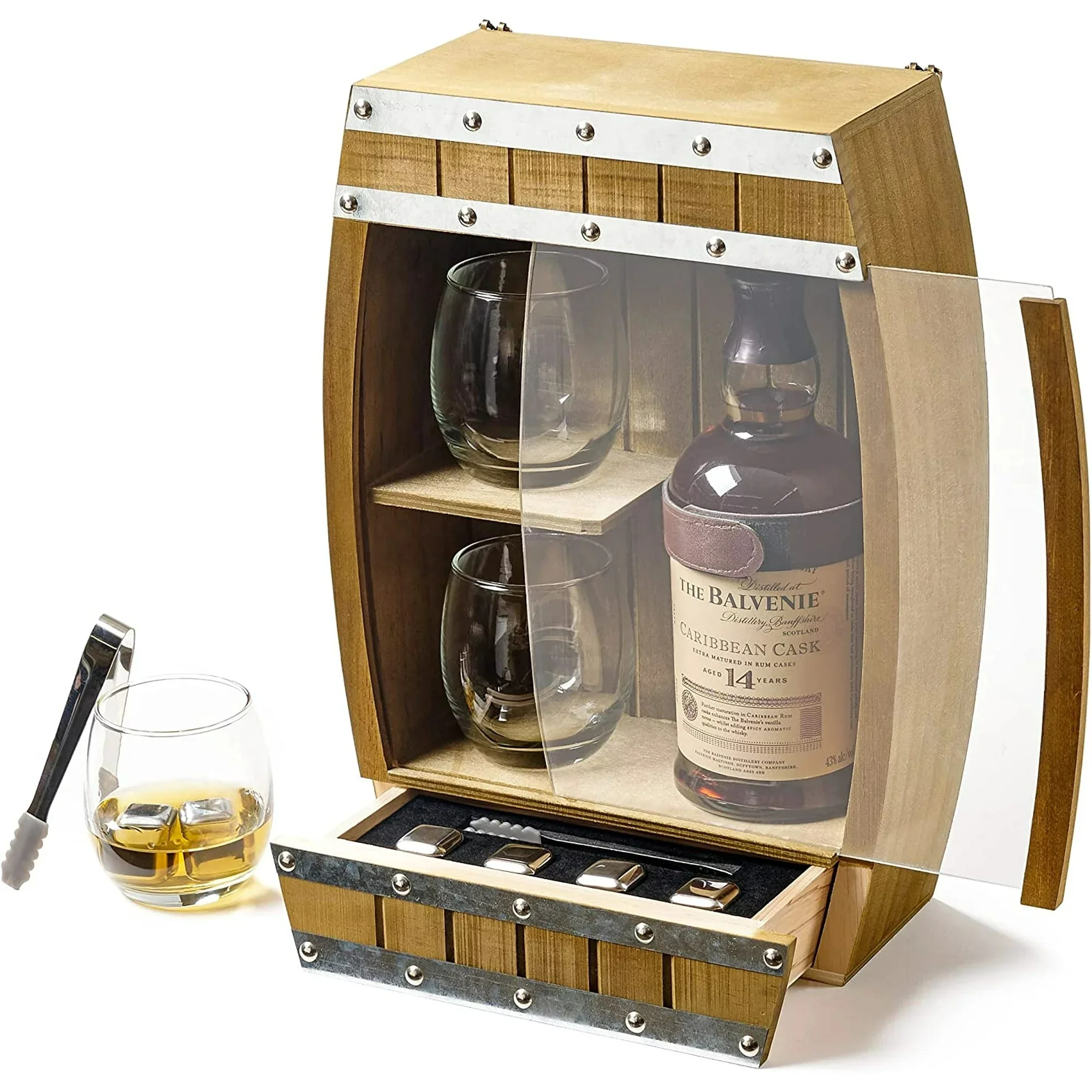 Wooden whiskey whisky Wine Barrel Display Whiskey Stones Set Stemless Wine Rock Glasses Home Bar decoration