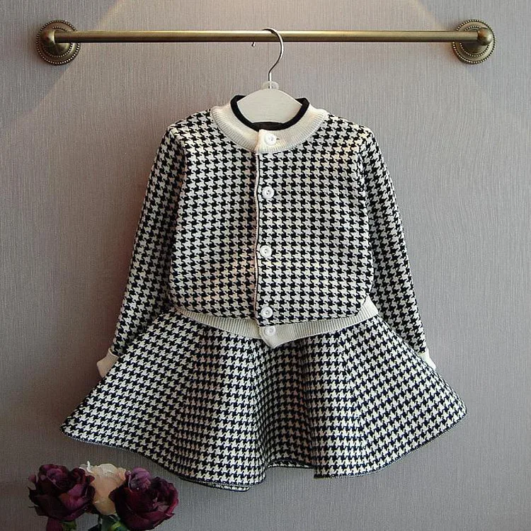 Autumn Plaid Knitted Houndstooth Kids Cardigan Girls Clothes Skirt 2 Pieces Children Suit Clothing Sets