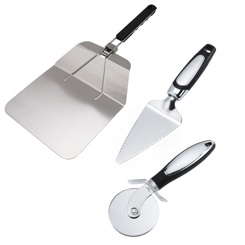 Hot Selling Foldable Handle Stainless Steel 3 pcs Pizza Peel Set with Pizza Cutter and Server
