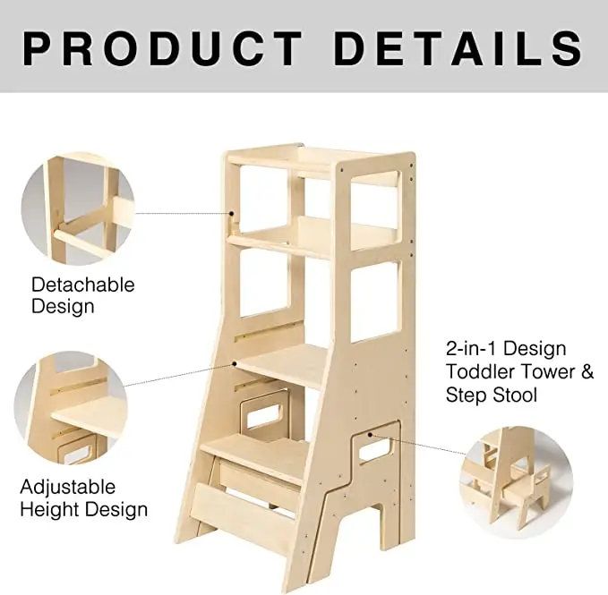 Kitchen Step Stool, Wooden Learning Tower with Chalkboard and Safety Rail, Height Adjustable Standing Tower(Natural) (Wood)