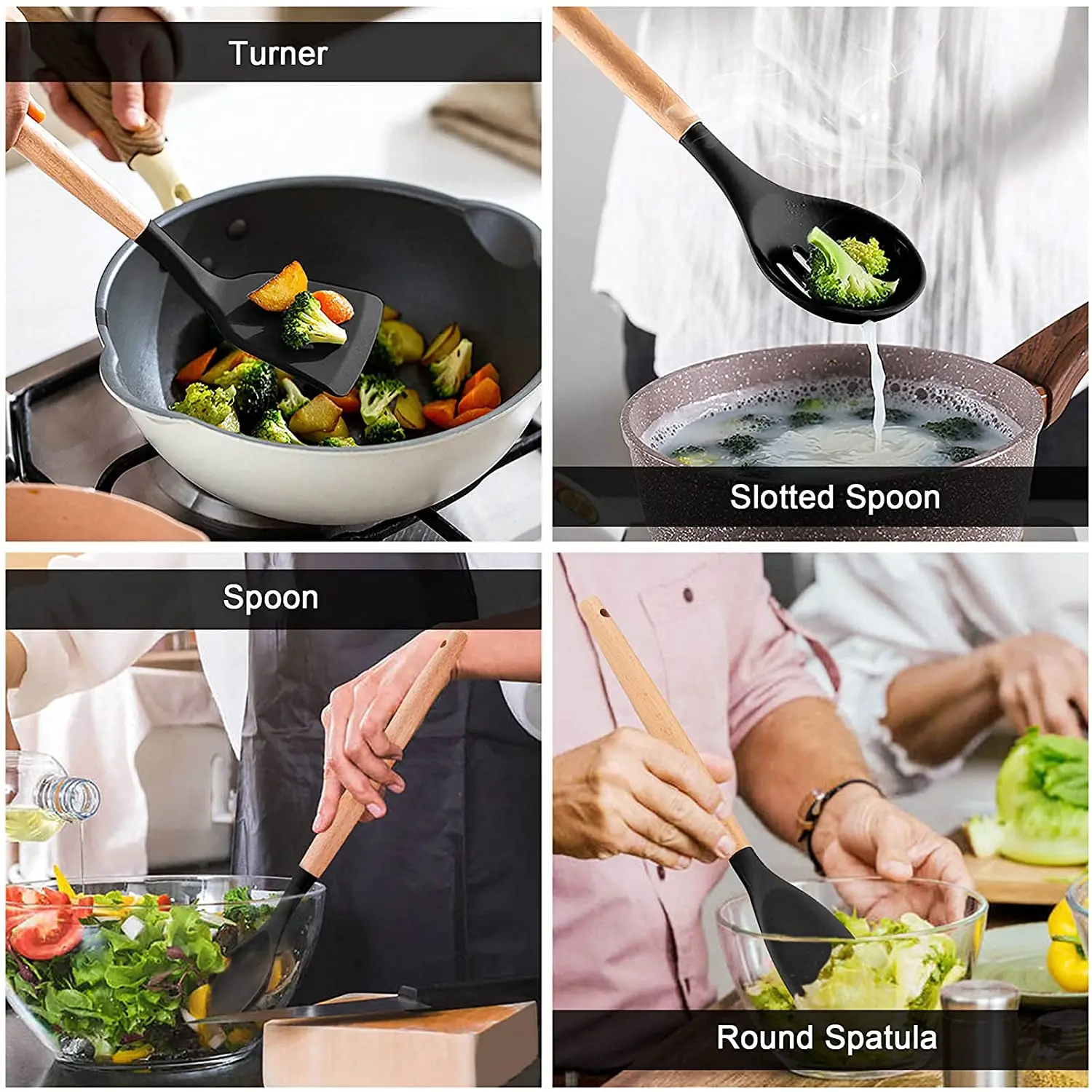 Amazon Top Seller 12Pcs Kitchen Gadgets Non Stick Silicone Spatula Turner Kitchen Utensils Set with Wooden Handle