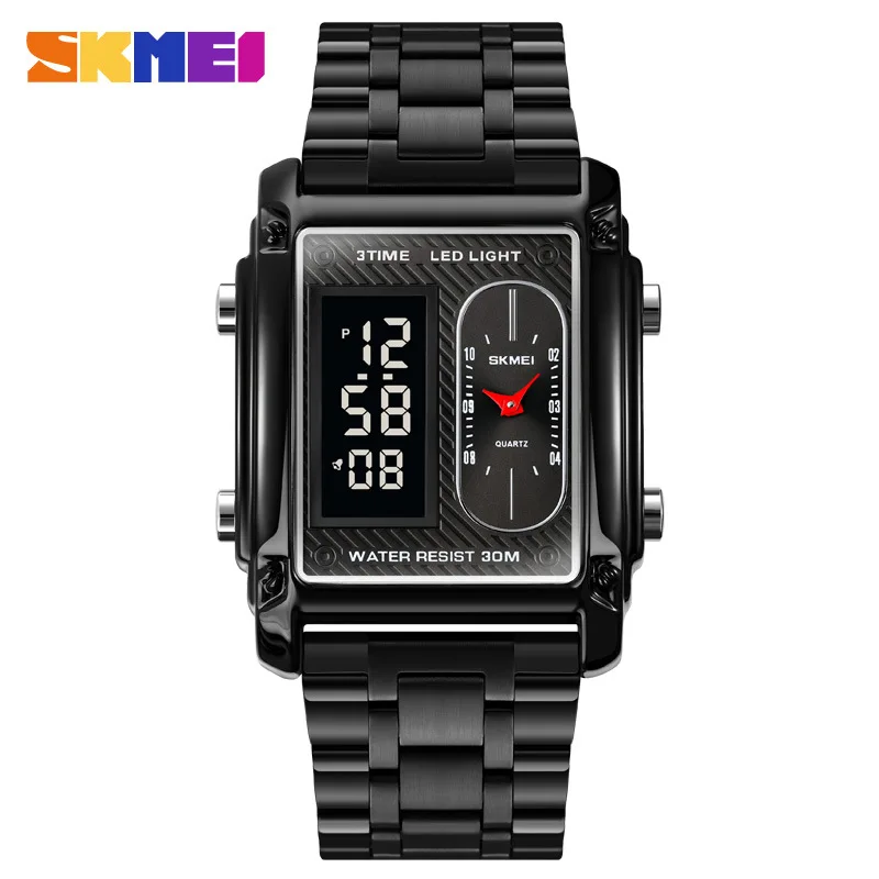 Promotion Skmei Rose Gold Rectangle Display Sunday Date Double Split Screen Stripe Digital Sports Watch Personalized Trend