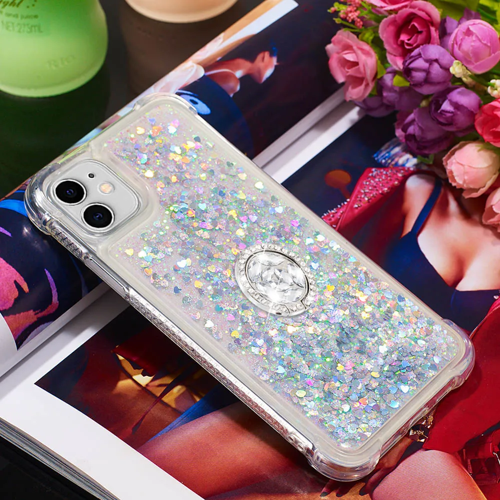 Luxury Glitter Case for iPhone 14 13 Pro Mini Floating Liquid Bling Sparkle Luxury Quick Sand Cover For Girl With Ring Holder