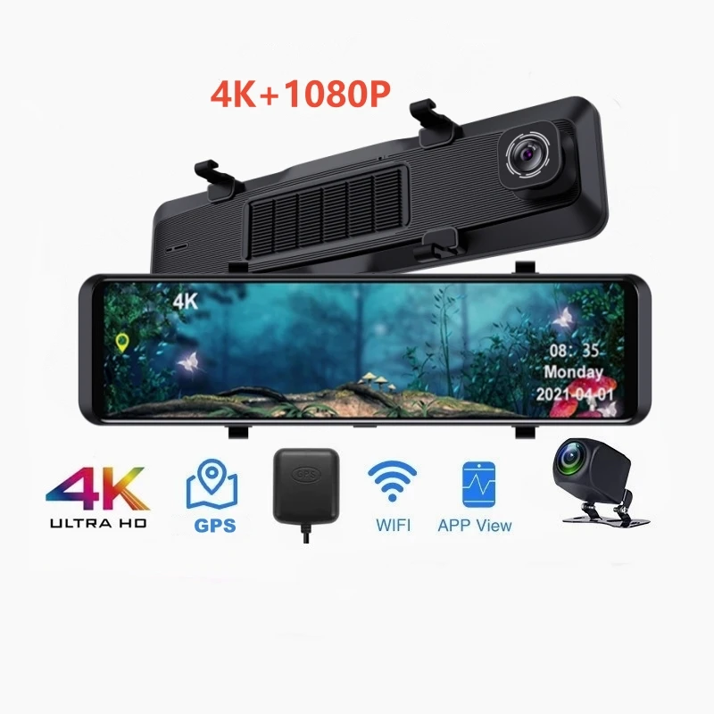 4K 2160P 12 Inch Rearview Mirror Car Dvr Dash Cam car dash camera Video Recorder with GPS WiFi dual camera for cars